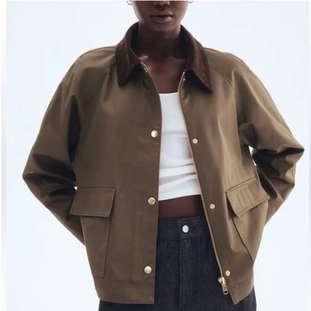 H&M Olive army Green oversized barn jacket corduroy collar - Picture 2 of 10
